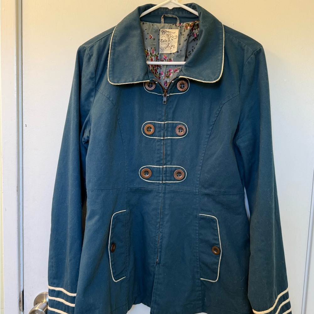 Tulle Teal Trench Coat with Floral Lining